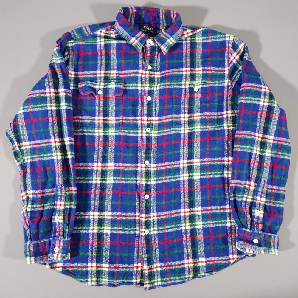 Polo Ralph Lauren Flannel Shirt Mens XXL Blue Plaid Classic Fit Cotton L/S